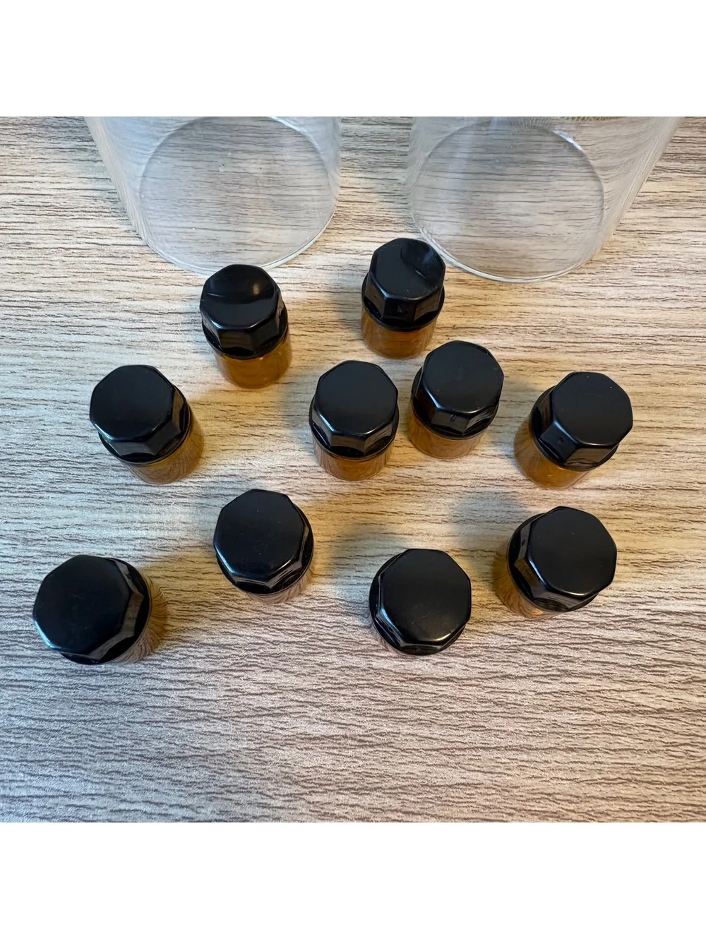 10 Amber Glass Sample Vials Jars w/ Black Caps + 2 Glass Bamboo Lid Storage Jars